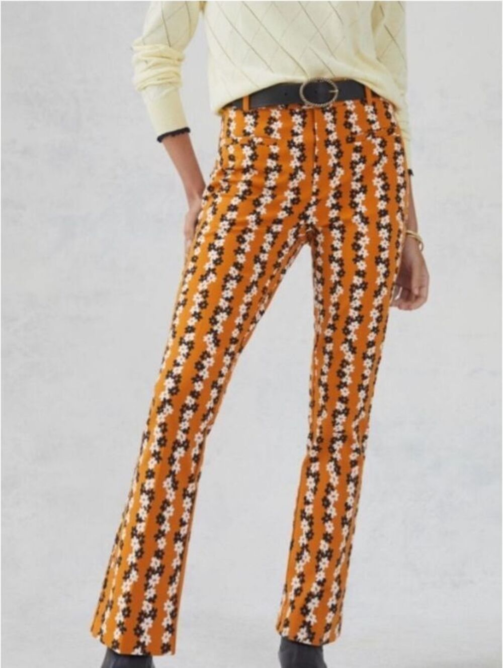Anthropologie Essential Collection Mustard Floral Kick Flare Pants Size 6